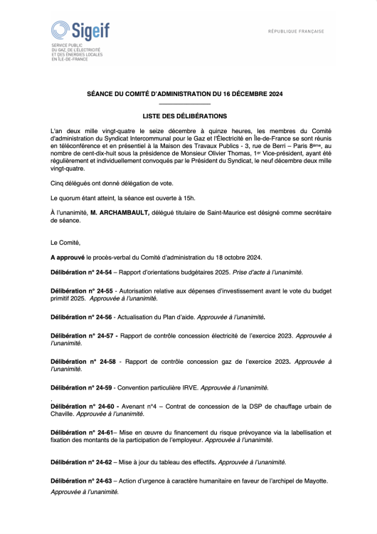 DÉLIBÉRATIONS DU 16 DÉCEMBRE 2024