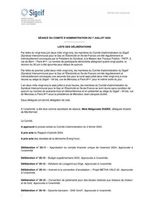 DÉLIBÉRATIONS DU 7 JUILLET 2025