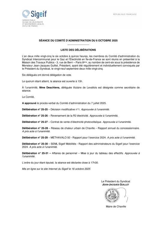 DÉLIBÉRATIONS DU 6 OCTOBRE 2025