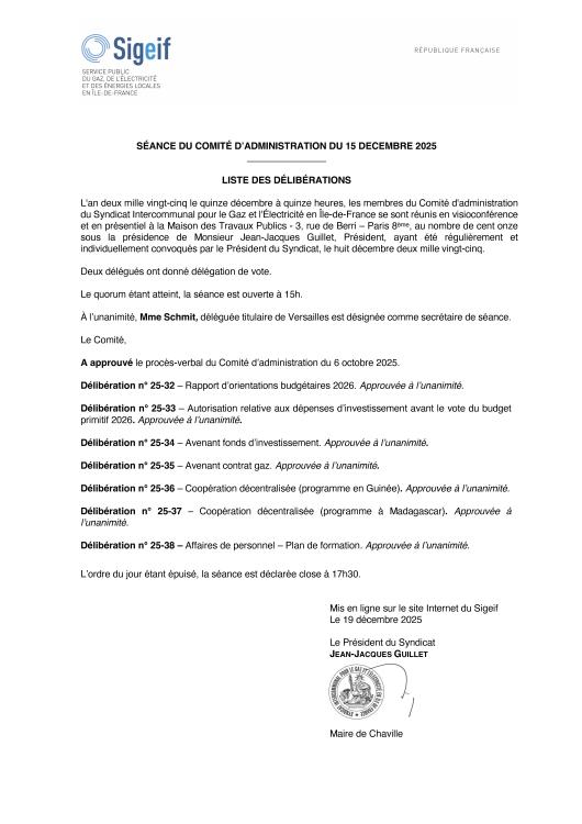 DÉLIBÉRATIONS DU 15 DÉCEMBRE 2025