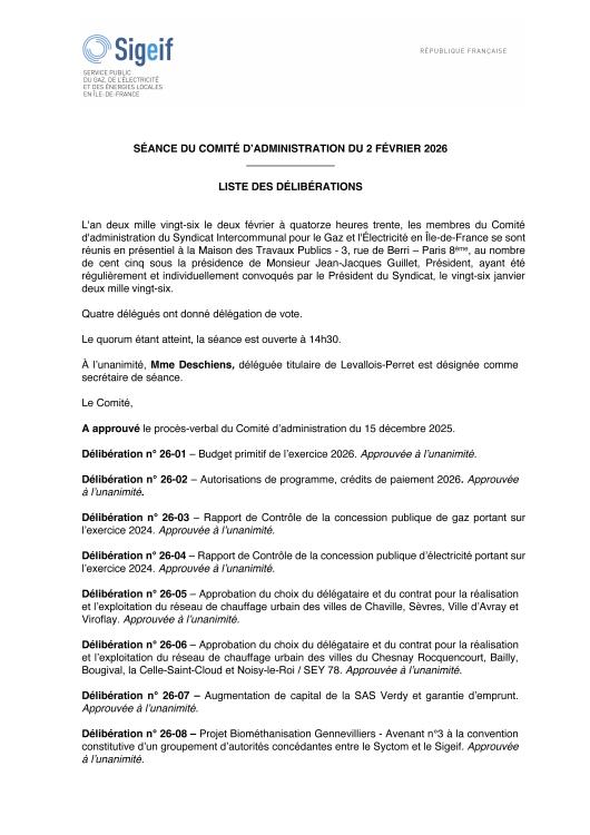 DÉLIBÉRATIONS DU 2 FÉVRIER 2026