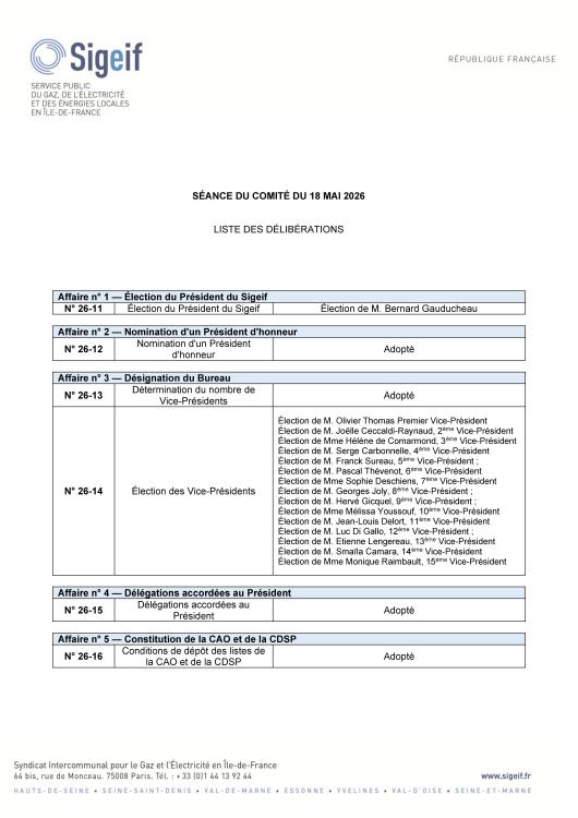 DÉLIBÉRATIONS DU 18 MAI 2026